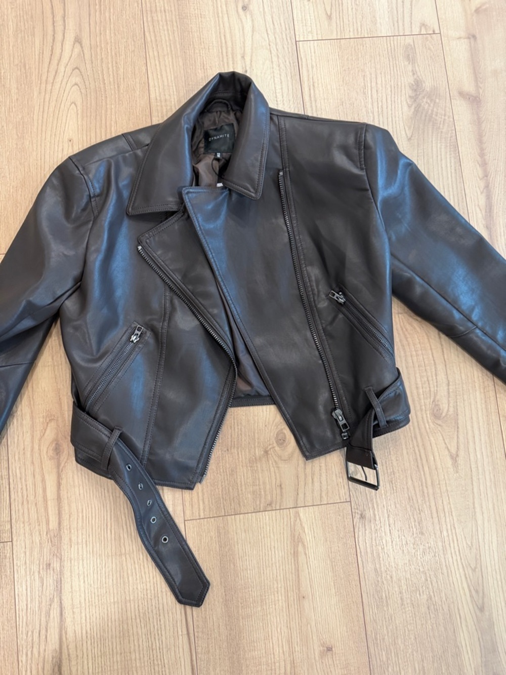 Dynamite Black Cropped Belted Leather Moto Jacket